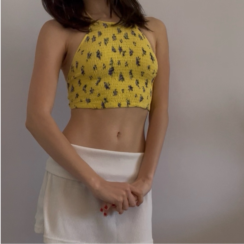 American eagle yellow floral halter tie top